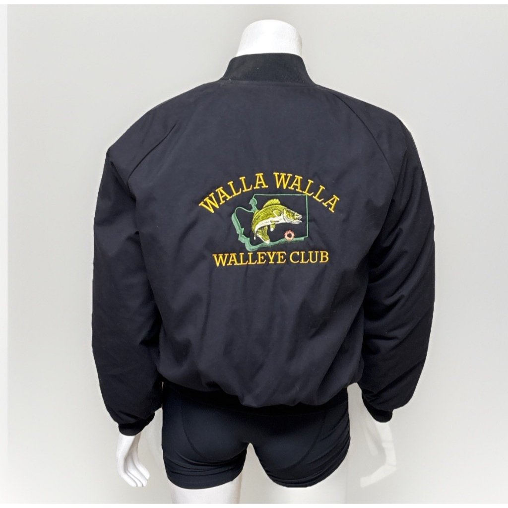 Vtg Fishing Club Bomber Jacket Mens Xl Black Embroidered Canvas Walleye “Greg”